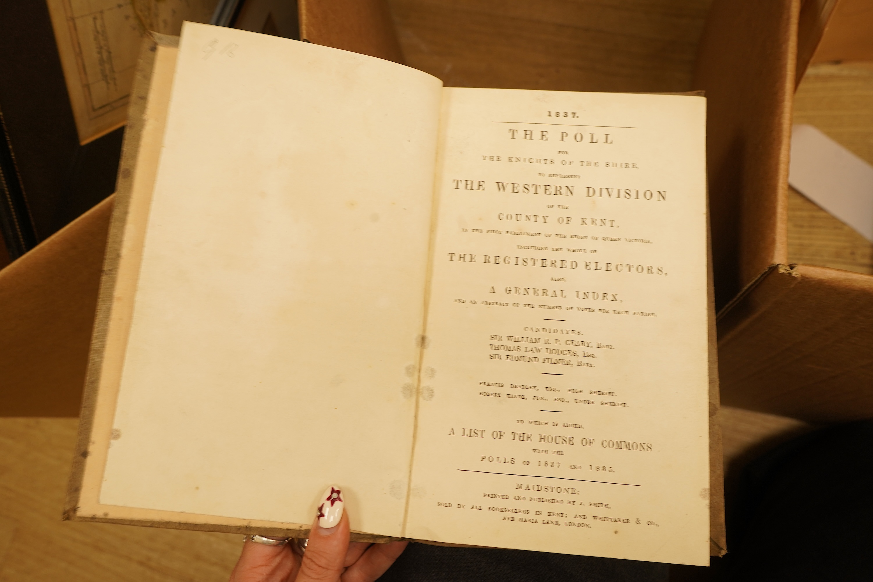 Hasted, Edward - Atlas for the first edition of Kent (4 vols., 1778-99). 31 d-page maps (only); old leather backed marbled boards (distressed), folio.; The West Kent Poll Book (1847), together with those for 1835 and 183